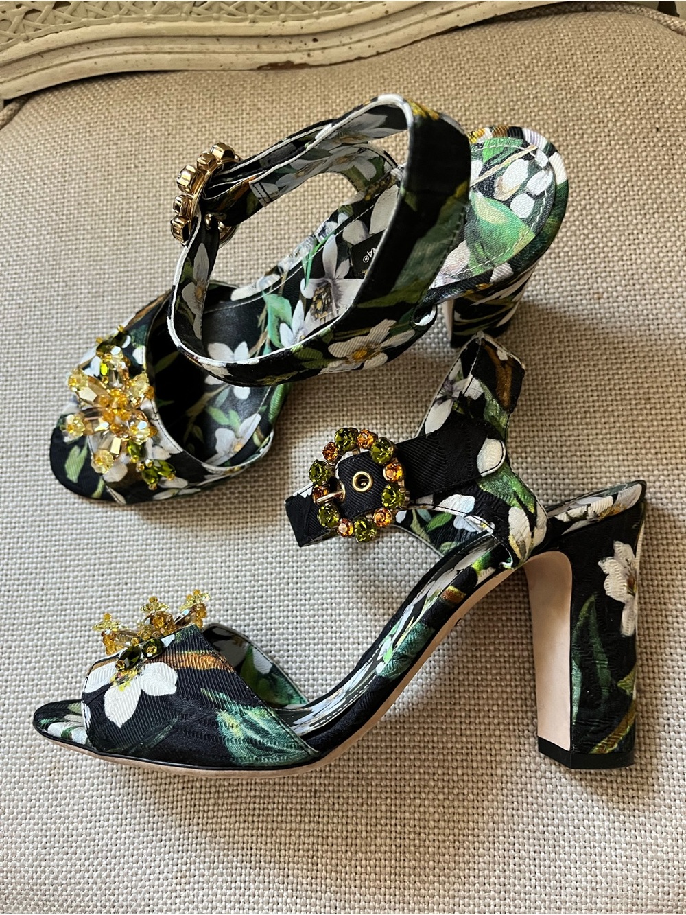 Dolce Gabbana Keira Floral crystal embelished Block Heel Sandals